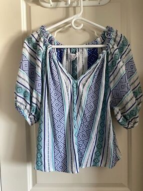 Velvet by Graham & Spencer Blue, Teal & White Striped Peasant Blouse